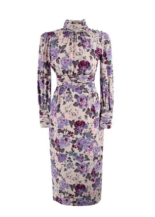 Alessandra Rich Purple Floral High Neck Silk Midi Dress Size XS