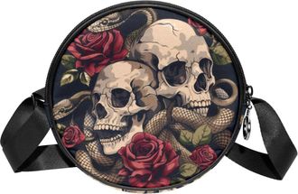 Generic Circle Crossbody Bag for Women, Skulls Snakes Roses Small Sling Bag Daypack with Zipper Adjustable Shoulder Straps Casual Ladies Girls Round Purse