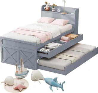 STILVORA Cama Nido 90 X 190 Cm De Madera Maciza, Cama Individual Con Cajones, Mesita De Noche, Usb, Sin Colch&oacute;n, Gris