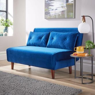 Home Source Industries Double Sofa Bed Folding Chair Velvet Blue Wooden Legs Two Pillow Home Furniture