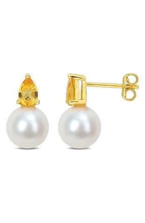 Delmar Pear Cut Citrine & 8.5-9mm Cultured Pearl Stud Earrings in Yellow at Nordstrom Rack