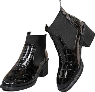 Generic Womens Mid-Heel Leather Boots, Patent Leather Chunky Heels Booties, Orthopaedic Platform Non-Slip Ankle Boots with Elastic Panels (Black,6.5)