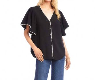 Karen Kane Felicity Flutter Sleeve Edge Stitch Top In Black And Cream