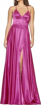 Faviana Charmeuse V-Neck Dress With Lace Up Back In Rasberry