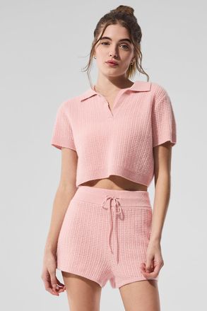 Alo | Cashmere Plush Waffle Polo T-Shirt in Pink Quartz, Size: Medium