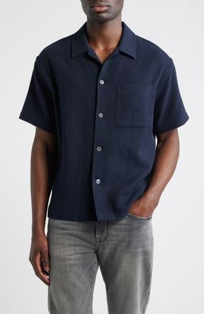 Frame Denim Open Weave Short Sleeve Cotton Blend Button-Up Shirt in Dark Navy at Nordstrom, Size Xx-Large
