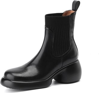 Generic Womens PU Leather Ankle Boots With Ribbed Knit Panel Chunky Platform Block Heels Pull Tab Round Closed Toe Slip On Design Soft Inner Lining And Stable