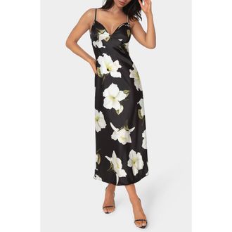 Bebe Floral Satin Slipdress in Black/Ivory at Nordstrom Rack, Size X-Large