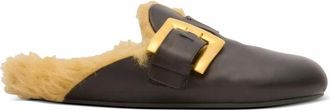 Balmain Platte leren muiltjes met imitatiebont - Dames - Slip ons - Zwart - 36 EU - Leer - Schoenen