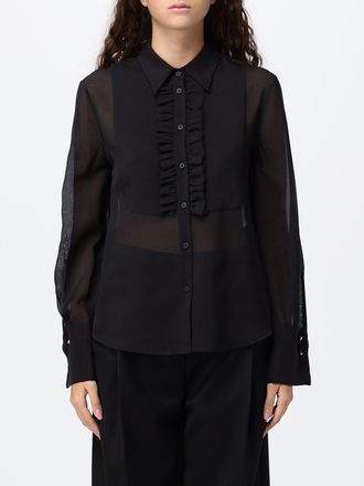 Tela Long-Sleeved Cr&ecirc;pe Shirt with Ruffles and Plastron