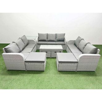 Fimous Fimous Outdoor Garden Furniture Set PE Rattan 3 Seater Sofa Set with Oblong Coffee Table 4 Footstools Side Table Light Grey
