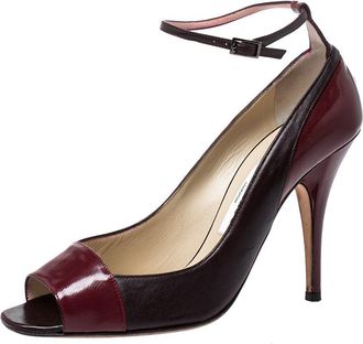 Jimmy Choo London Burgundy Leather And Patent Leather Peep Toe Ankle Strap Pumps