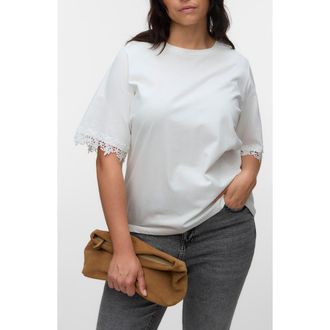 Vero Moda Lace Trim Organic Cotton T-Shirt in Snow White at Nordstrom Rack, Size 2X