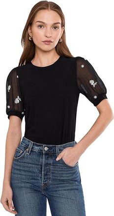 CeCe by Cynthia Steffe Puff Mixed Media Short Sleeve Knit Top Womens Clothing Rich Black : MD, Polyester/Spandex