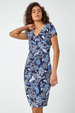 Roman Textured Paisley Print Stretch Wrap Dress