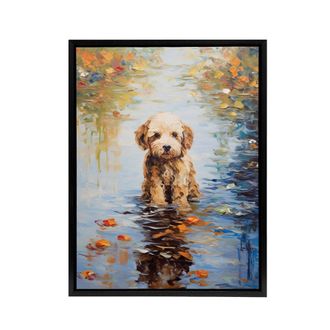 Artery8 Cockapoo Dog & Autumn Leaves In Lake Framed Canvas Wall Art Print | Size: W24 x H32