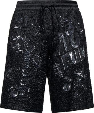 John Richmond Zwarte Bermuda-shorts met glanzende details en print aan de voorkant - Heren - Korte Broeken - Zwart - XL - Polyester - Korte Broeken