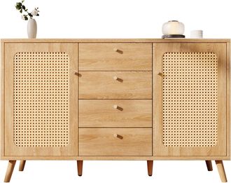 STILVORA Aparador Con 2 Puertas Y 4 Cajones, Estantes Regulables, Estilo Natural, En Madera, 140&times;40&times;86 Cm, Roble Claro