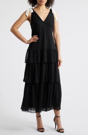 Julia Jordan Contrast Bow Detail Tiered Dress in Black White at Nordstrom, Size 14