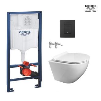 GROHE Bastidor Grohe Pack Cisterna Empotrada Y Pulsador Negro Mate Con Inodoro Suspendido Round Blanco 49 Tapa Fina