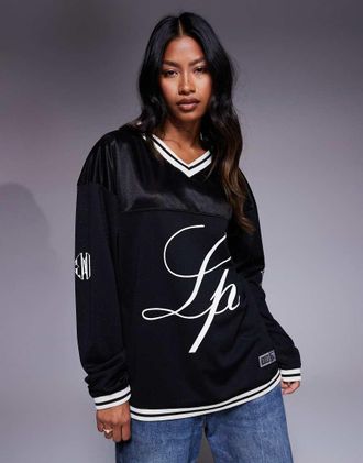 Liquor & Poker T-shirt a maniche lunghe nera stile college con logo Rebel 13-Nero