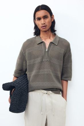H&M Relaxed Fit Hole-knit Polo Shirt in Dark Taupe at Nordstrom, Size Xx-Large