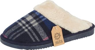 Jo & Joe Ladies Wicklow Tartan Faux Fur Trim Slip On Mule Slippers Shoes Size 3-8 (Navy Tartan, 7)