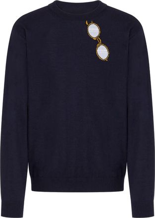 Moschino Dark Navy Blue Knit Sweater With Unique Embroidery