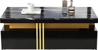 STILVORA Mesa De Centro Rectangular Con 2 Cajones, Tablero Brillante Efecto M&aacute;rmol Y Borde Met&aacute;lico Dorado, En Aglomerado, Negro, 100&times;50&times;40 Cm