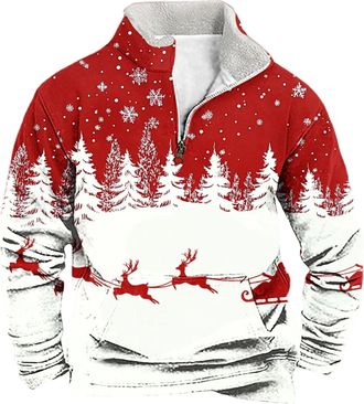 Generic Christmas Jumpers for Men 2025 Funny Reindeer Sweatshirt Snowflakes Printed Sweater Fleece Lined Pullover 1/4 Zip Xmas Jumper Long Sleeve Casual Loose