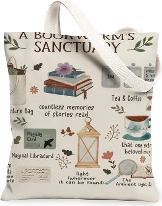 Generic Literary Canvas Tote Bags, Vintage Book Design Reusable Grocery Bags, Cozy Floral Lightweight Washable Shoulder Strap, Beige, 13x15 Inch