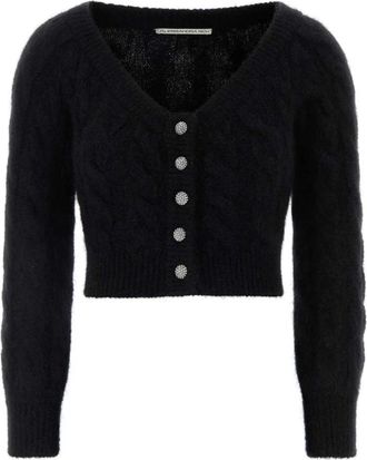 Alessandra Rich Mohair Blend Sequin Kabel Gebreide Off-Shoulder Top - Dames - Vesten - Zwart - XS - Pailletten - Truien & Vesten