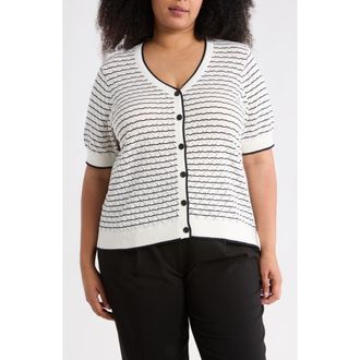 Adrianna Papell Stripe Short Sleeve Cotton Cardigan in Ivory/Navy at Nordstrom Rack, Size 1X