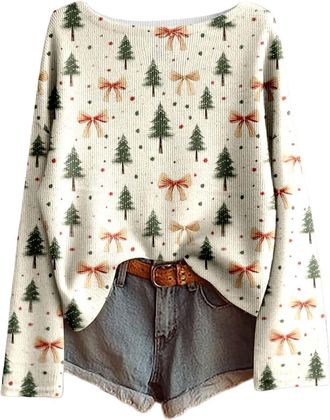 Generic Christmas Jumper Womens Funny Christmas Jumpers Xmas Tree Print Ladies Tops Funny Jumpers for Women UK Boho Sweatshirt Xmas Pullover