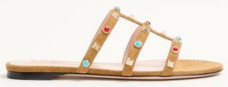 Valentino Garavani Sandalo Slide Rockstud In Crosta Con Pietre Cabochon Donna HAVANA BEIGE 35.5
