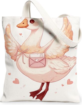 Generic Cute Goose Canvas Tote Bags, Adorable Animal Design Reusable Shopping Bags, Spring Floral Lightweight Washable Shoulder Str, White, 13x15 Inch