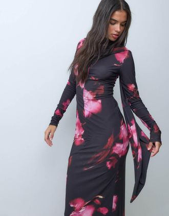 Asos vestito lungo con dettaglio foulard, maniche lunghe, collo alto e stampa floreale-Multicolore
