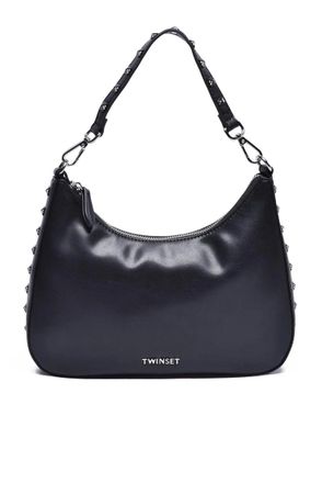 Twin-Set Curved Hobo Bag With Glossy Finish And Studded Strap