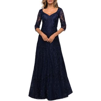 La Femme Embroidered Lace Gown with V Neckline and Flare Skirt in Navy at Nordstrom, Size 18