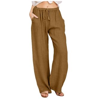 Generic Womens Summer Cotton Linen Pants Drawstring Elastic Waist Cropped Trousers for Women UK Solid Color Plus Size Wide Leg Trousers Lightweight Loose Fit 