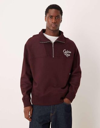 Calvin Klein Jeans Felpa accollata bordeaux con zip corta e logo-Rosso
