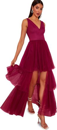 Chi Chi London Womens V Neck Tiered Tulle Dip Hem in Berry Dress, Berry, 16 UK