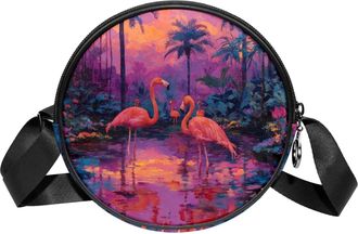 Generic Circle Crossbody Bag for Women, Tropical Flamingos Small Sling Bag Daypack with Zipper Adjustable Shoulder Straps Casual Ladies Girls Round Purse