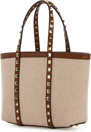 Valentino Garavani Womens Two-Tone Canvas Medium Rockstud Handbag Naturaletobaccoselleria Borse A Mano Bag