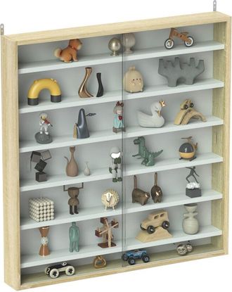 HOMCOM Homcom - 7-Tier Wall Display Cabinet with Shelves and Glass Doors, Oak