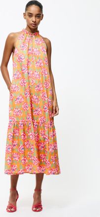 French Connection Womens Orange Floral Print Keyhole Halterneck Frill Midi Dress - Size 12 UK