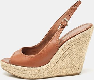 Sergio Rossi Brown Leather Espadrille Wedge Slingback Sandals