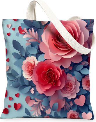 Generic Canvas Tote Bag for Shopping 13x15, Paper Cut Craft Romantic Flower Reusable Grocery Print Bag for Women, Holiday Beach Aesthetic Painting Gift Decor