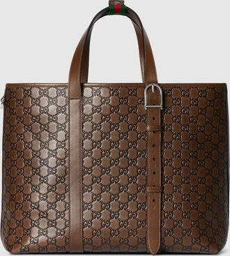 Gucci GG Emblem Large Tote Bag, Brown, Leather