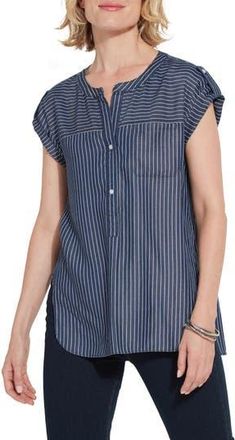 Lyssé Delilah Pinstripe Popover Twill Top in Indigo Ledger Stripe at Nordstrom Rack, Size X-Small